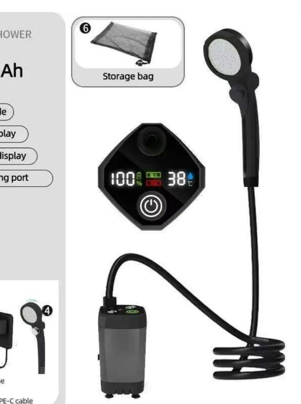 Portable shower camping shower, outdoor shower with digital temperature display,